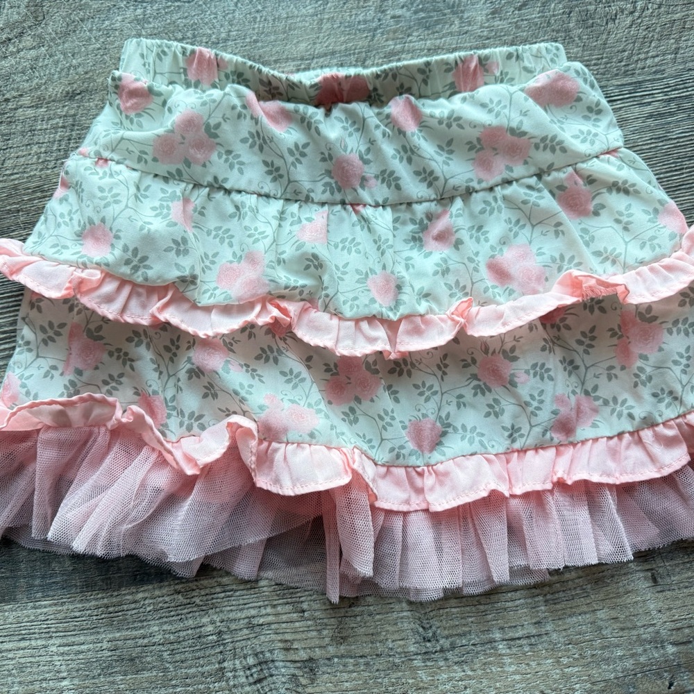 Badgley Mischka Girls Pink Floral Ruffle Skirt Tulle‎ Hem Size 2T Easter Dressy